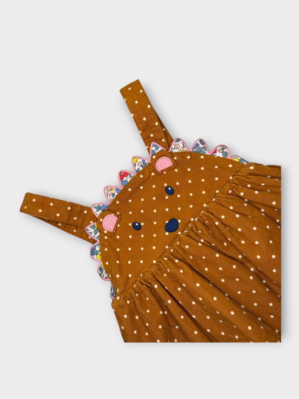 Mini Boden Hedgehog Applique Polkadot Brown Pinafore Dress - Picture 2 of 5